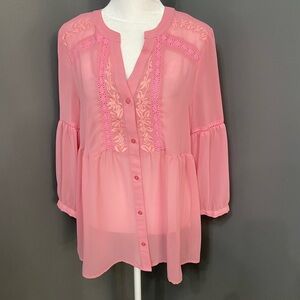 LC Lauren Conrad Womens Pink Sheer Button Down Blouse Lace Details Boho Sz M